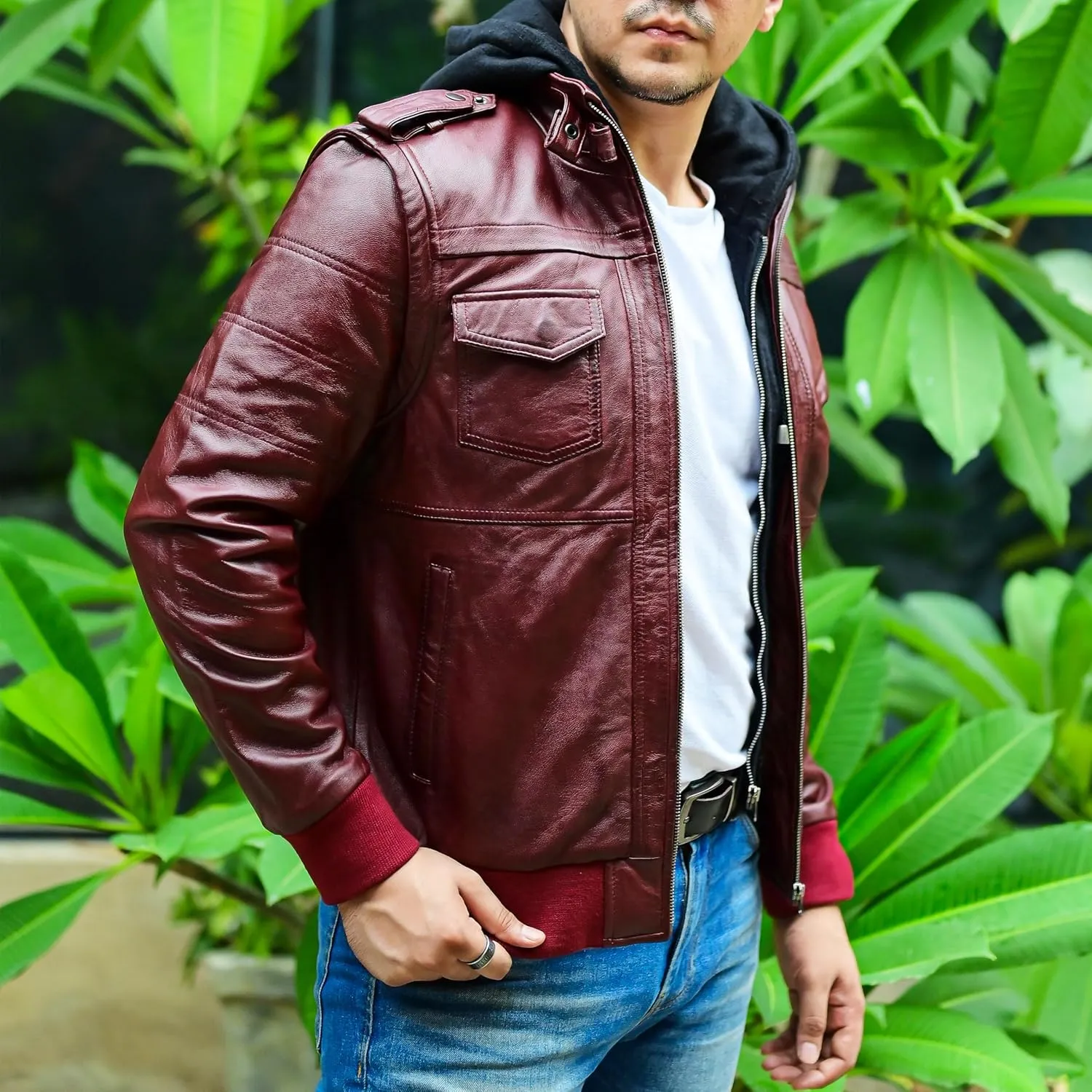 Jild Hooded 2.0 Leather Jacket Men - Genuine Lambskin Leather Bomber Jacket with Removable Hood for Mens Fashion