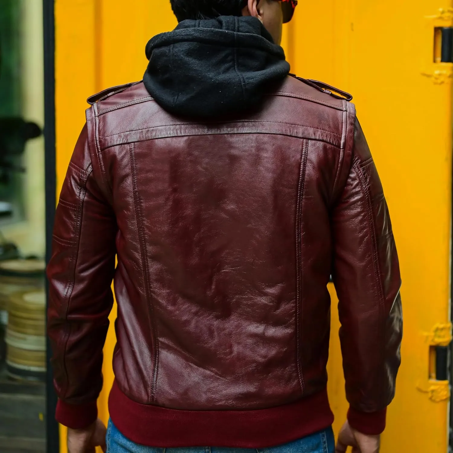 Jild Hooded 2.0 Leather Jacket Men - Genuine Lambskin Leather Bomber Jacket with Removable Hood for Mens Fashion