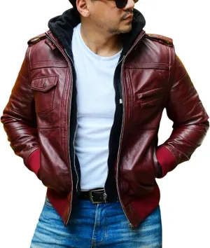 Jild Hooded 2.0 Leather Jacket Men - Genuine Lambskin Leather Bomber Jacket with Removable Hood for Mens Fashion