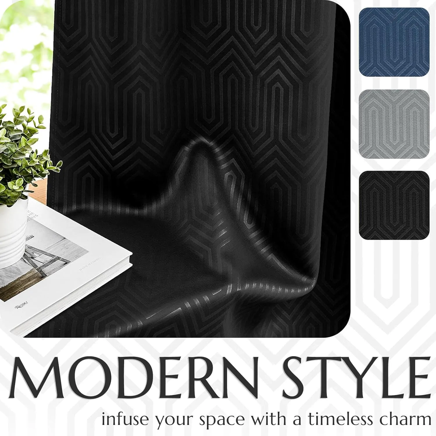 JINCHAN 80% Blackout Curtains for Bedroom, Embossed Textured Curtains 63 Inch Length 2 Panels Set, Geometric Patterned Drapes for Living Room, Art Deco Window Treatments, Grommet Top, Black, W40 X L63