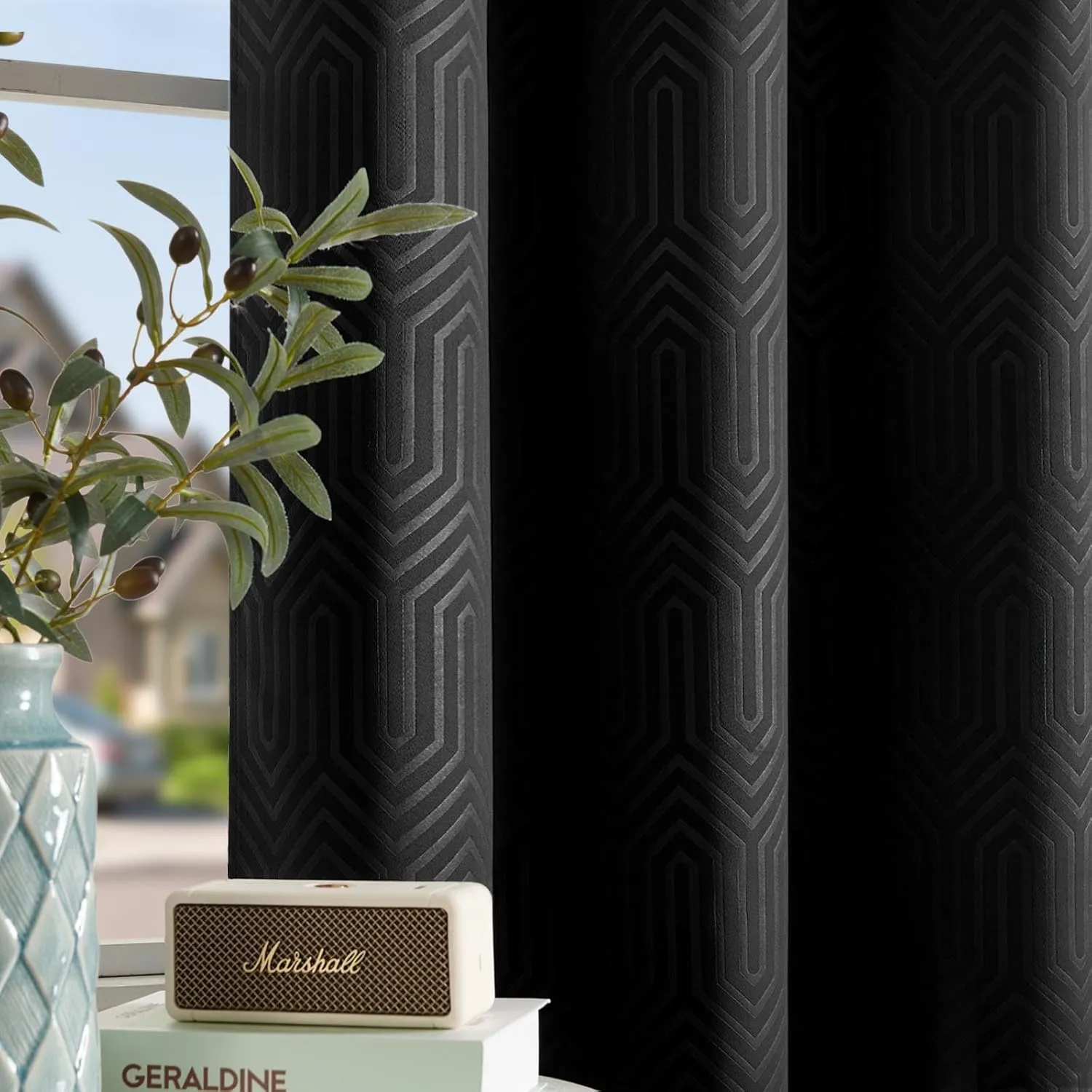 JINCHAN 80% Blackout Curtains for Bedroom, Embossed Textured Curtains 63 Inch Length 2 Panels Set, Geometric Patterned Drapes for Living Room, Art Deco Window Treatments, Grommet Top, Black, W40 X L63