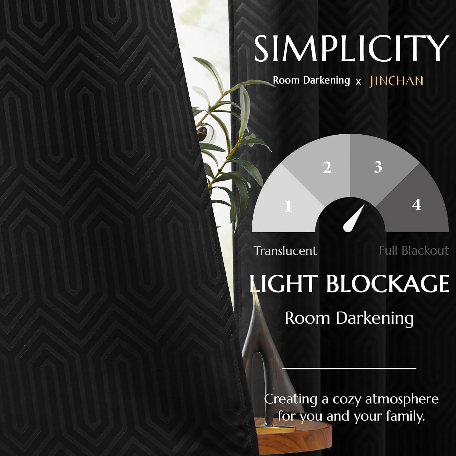 JINCHAN 80% Blackout Curtains for Bedroom, Embossed Textured Curtains 63 Inch Length 2 Panels Set, Geometric Patterned Drapes for Living Room, Art Deco Window Treatments, Grommet Top, Black, W40 X L63