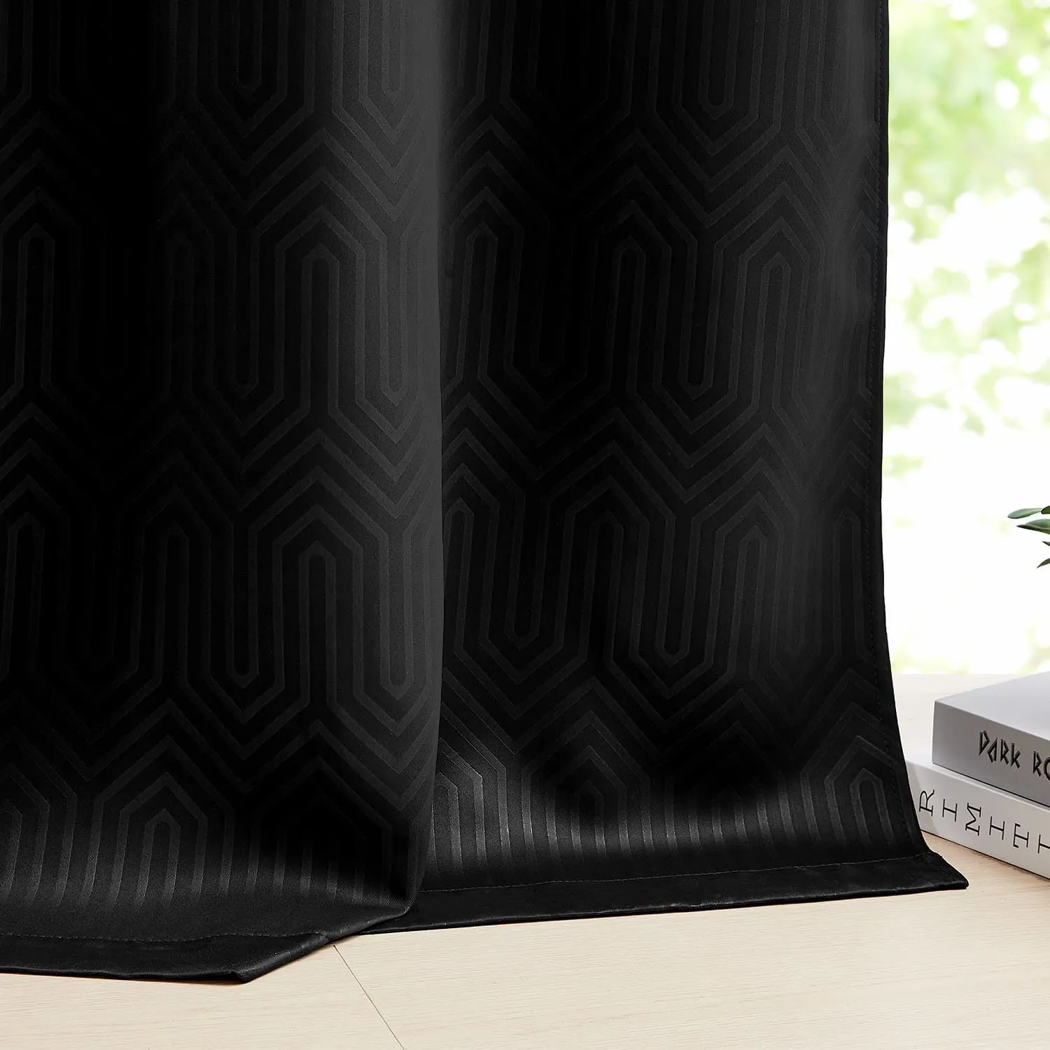 JINCHAN 80% Blackout Curtains for Bedroom, Embossed Textured Curtains 63 Inch Length 2 Panels Set, Geometric Patterned Drapes for Living Room, Art Deco Window Treatments, Grommet Top, Black, W40 X L63