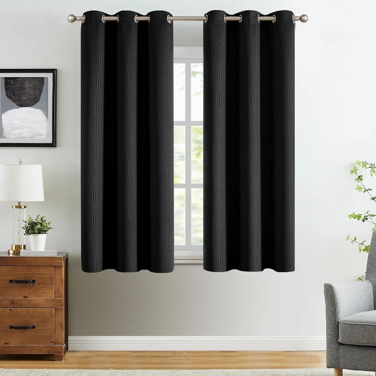 JINCHAN 80% Blackout Curtains for Bedroom, Embossed Textured Curtains 63 Inch Length 2 Panels Set, Geometric Patterned Drapes for Living Room, Art Deco Window Treatments, Grommet Top, Black, W40 X L63