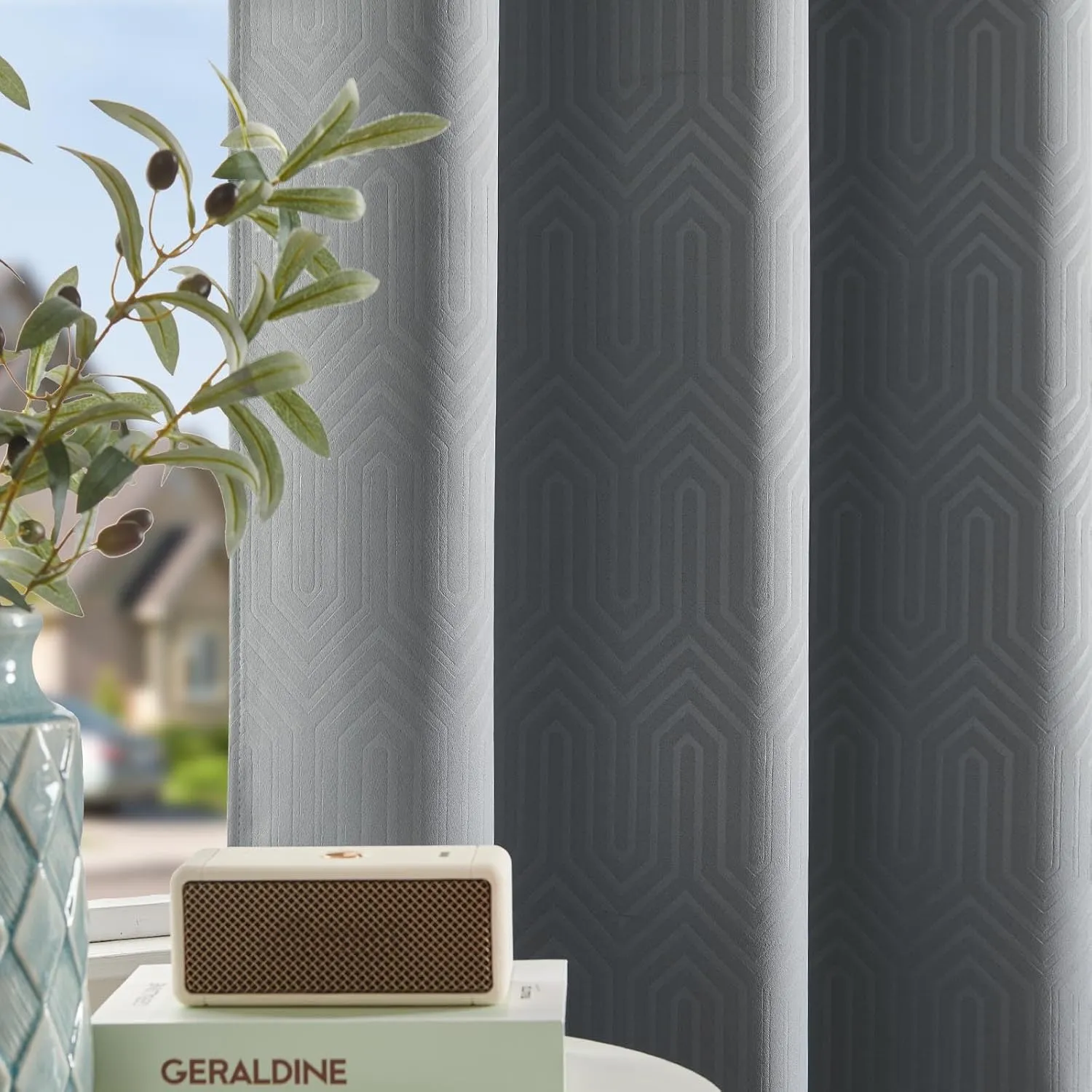 jinchan 80% Blackout Curtains for Bedroom, Embossed Textured Curtains 63 Inch Length 2 Panels Set, Geometric Patterned Drapes for Living Room, Art Deco Window Treatments, Grommet Top, Grey, W40 X L63