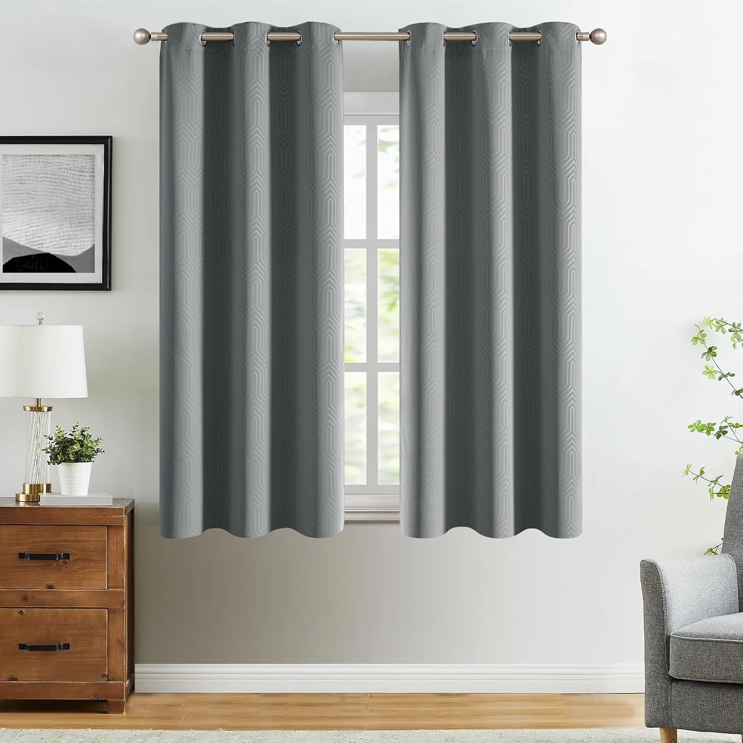jinchan 80% Blackout Curtains for Bedroom, Embossed Textured Curtains 63 Inch Length 2 Panels Set, Geometric Patterned Drapes for Living Room, Art Deco Window Treatments, Grommet Top, Grey, W40 X L63