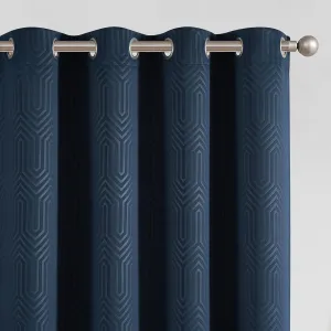 jinchan 80% Blackout Curtains for Bedroom, Embossed Textured Curtains 63 Inch Length, Geometric Patterned Drapes for Living Room, Art Deco Window Treatments, Grommet Top 2 Panels Set, Blue, W50 X L63