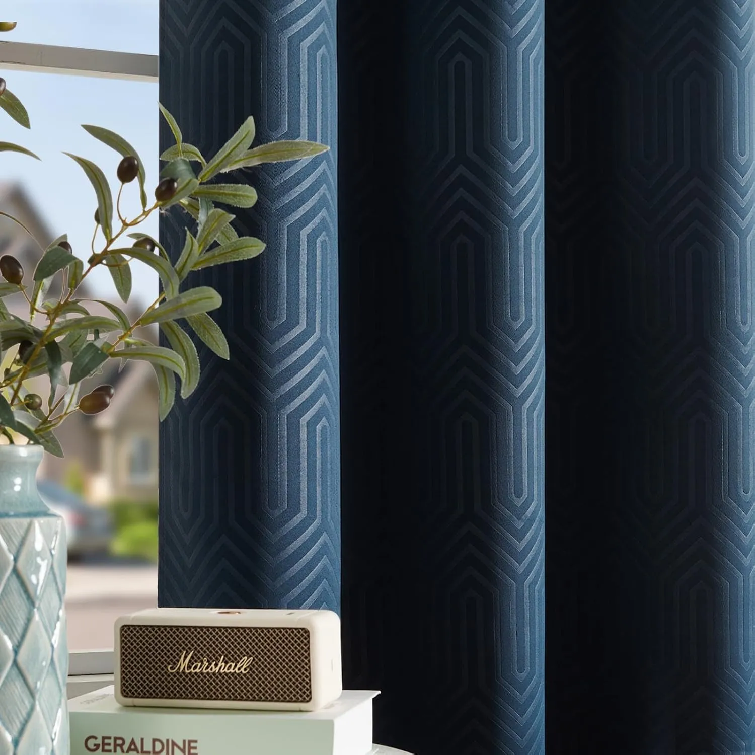 jinchan 80% Blackout Curtains for Bedroom, Embossed Textured Curtains 63 Inch Length, Geometric Patterned Drapes for Living Room, Art Deco Window Treatments, Grommet Top 2 Panels Set, Blue, W50 X L63