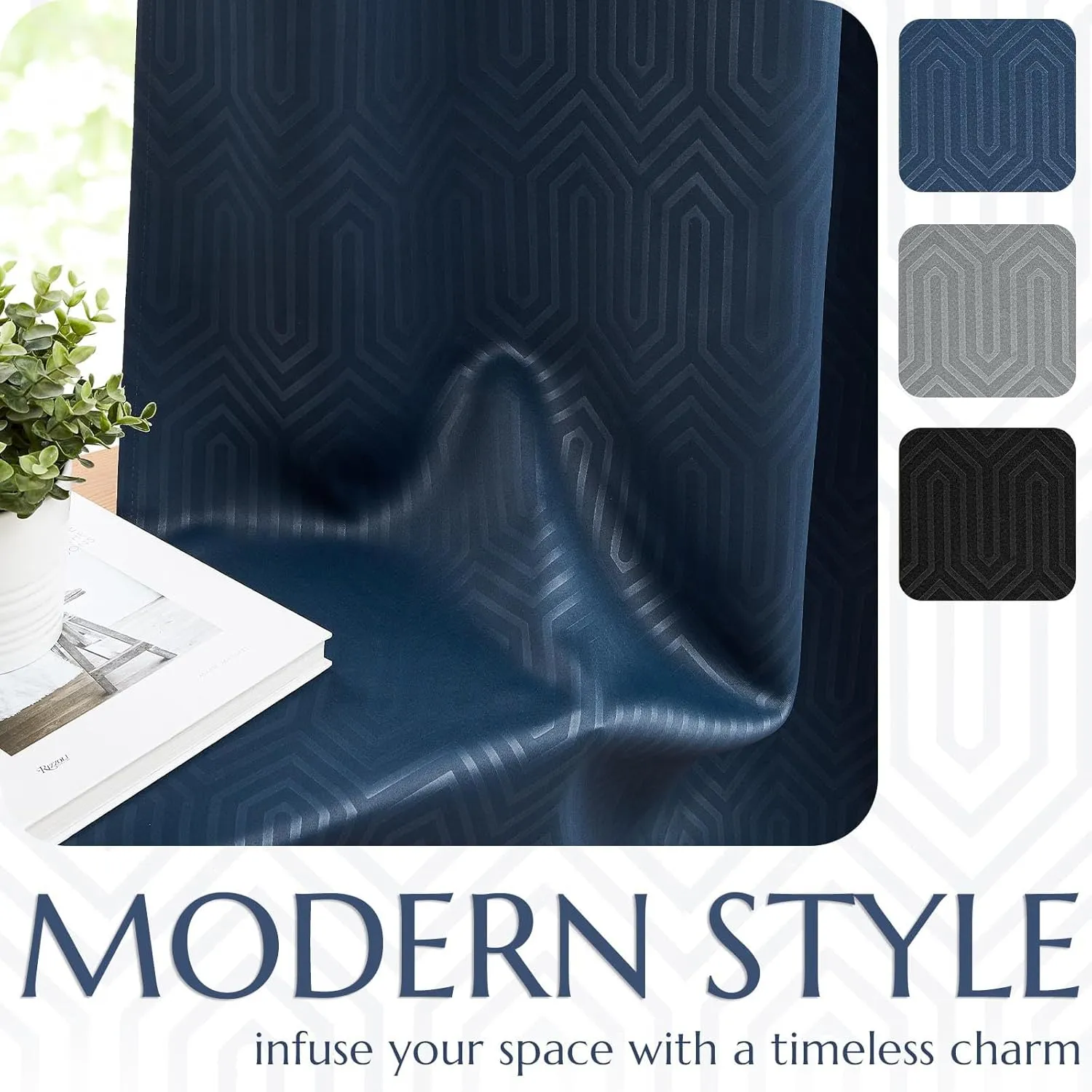 jinchan 80% Blackout Curtains for Bedroom, Embossed Textured Curtains 63 Inch Length, Geometric Patterned Drapes for Living Room, Art Deco Window Treatments, Grommet Top 2 Panels Set, Blue, W50 X L63