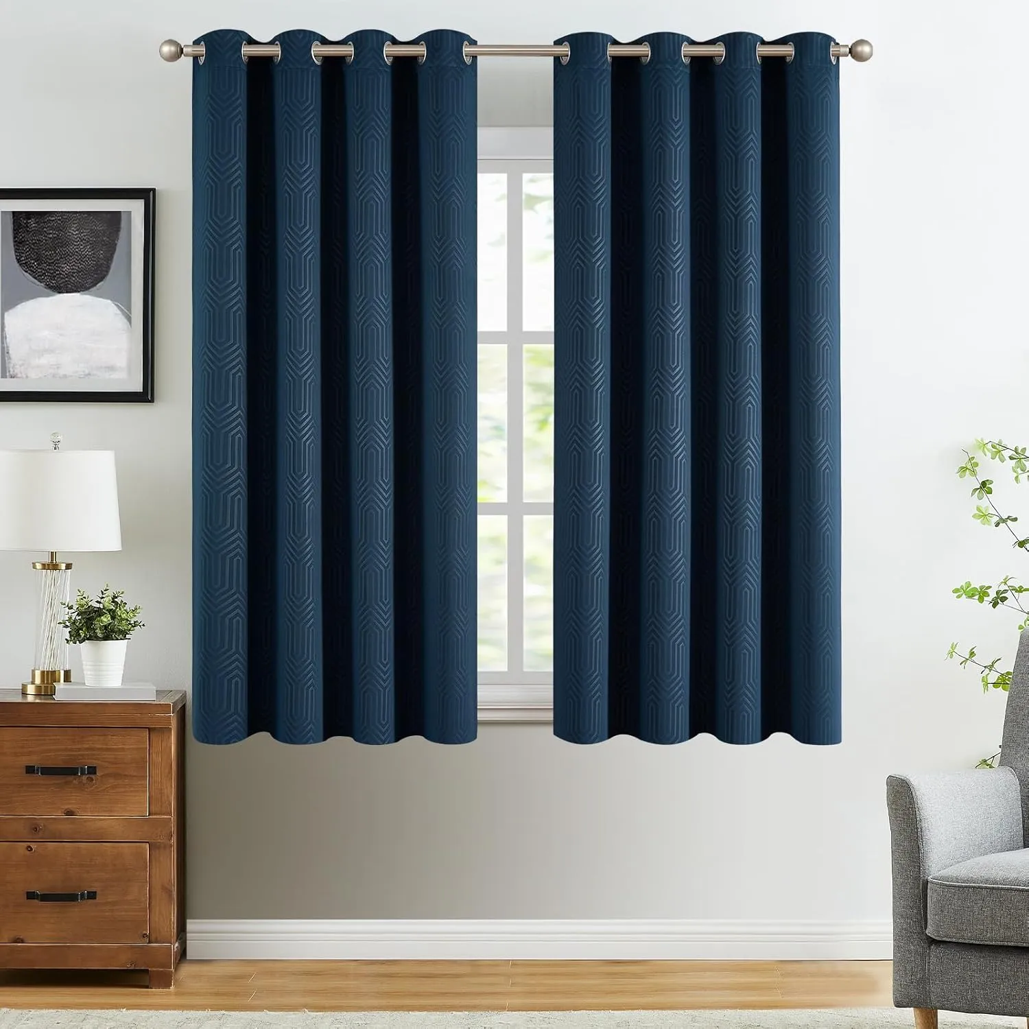 jinchan 80% Blackout Curtains for Bedroom, Embossed Textured Curtains 63 Inch Length, Geometric Patterned Drapes for Living Room, Art Deco Window Treatments, Grommet Top 2 Panels Set, Blue, W50 X L63