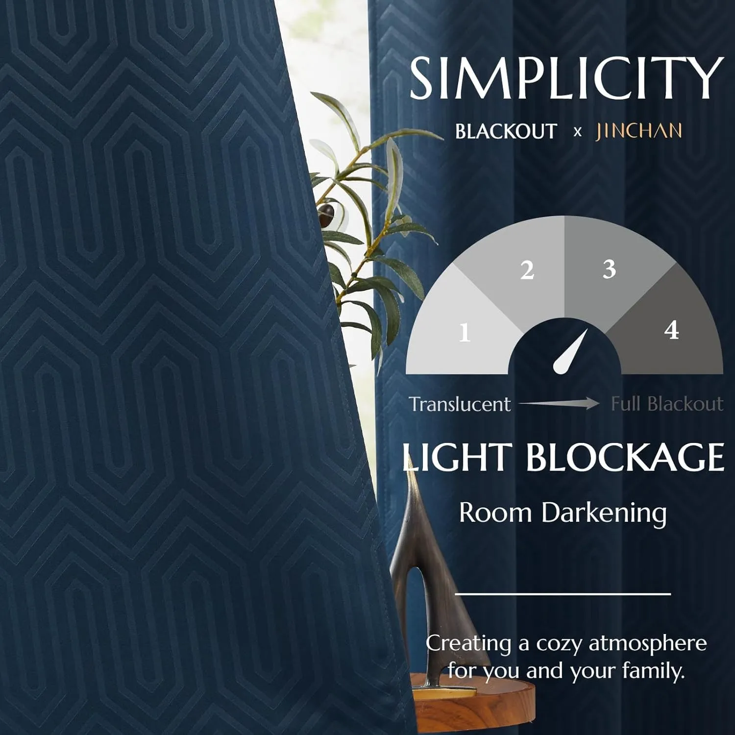 jinchan 80% Blackout Curtains for Bedroom, Embossed Textured Curtains 63 Inch Length, Geometric Patterned Drapes for Living Room, Art Deco Window Treatments, Grommet Top 2 Panels Set, Blue, W50 X L63