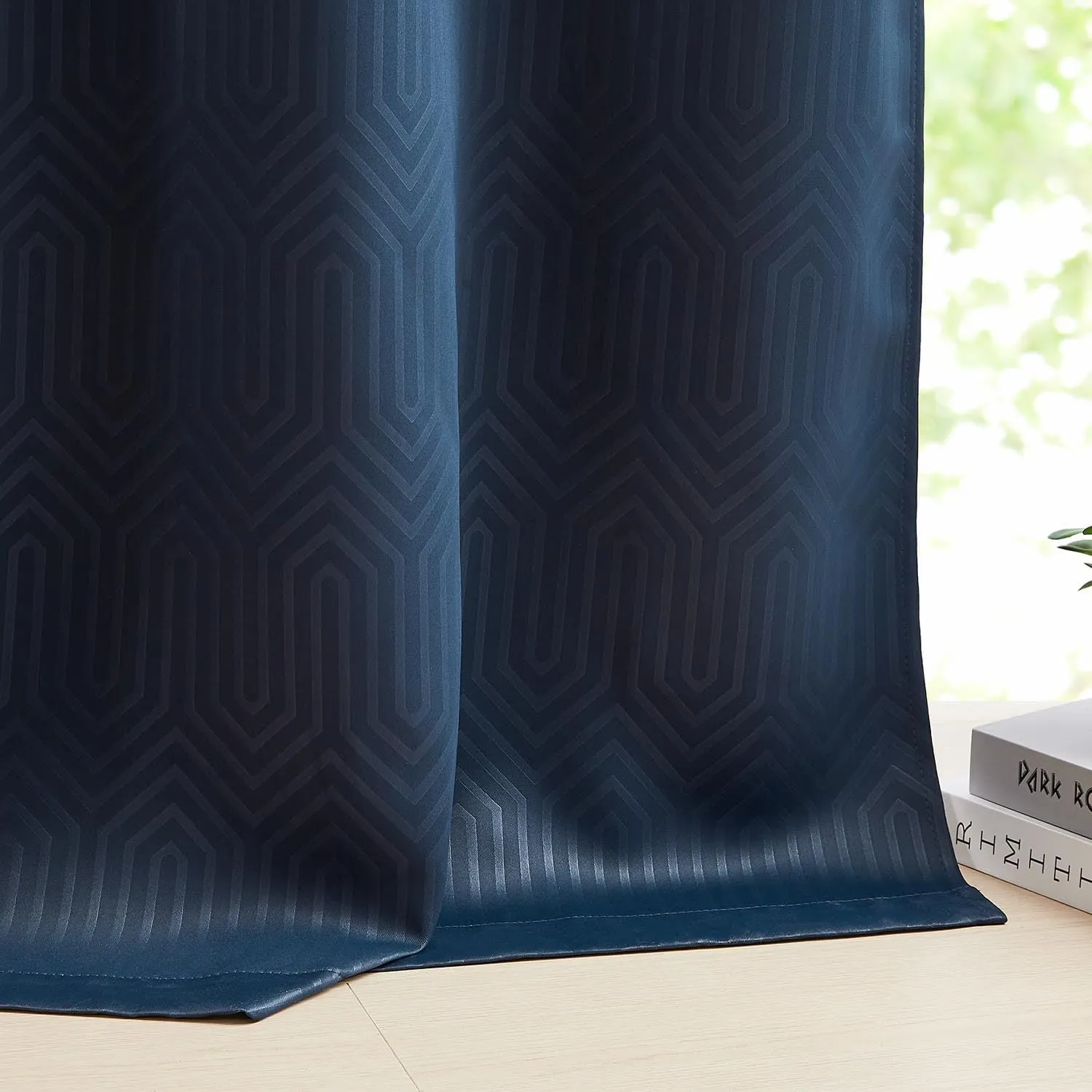 jinchan 80% Blackout Curtains for Bedroom, Embossed Textured Curtains 63 Inch Length, Geometric Patterned Drapes for Living Room, Art Deco Window Treatments, Grommet Top 2 Panels Set, Blue, W50 X L63