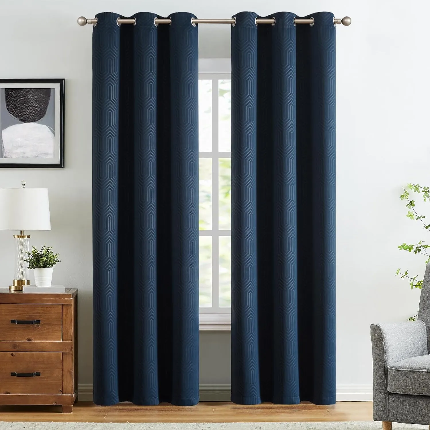 jinchan 80% Blackout Curtains for Bedroom, Embossed Textured Curtains 84 Inch Length 2 Panels Set, Geometric Patterned Drapes for Living Room, Art Deco Window Treatments, Grommet Top, Blue, W40 X L84