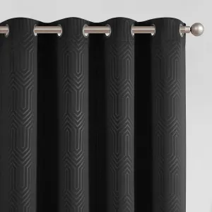JINCHAN 80% Blackout Curtains for Bedroom, Embossed Textured Curtains 84 Inch Length, Geometric Patterned Drapes for Living Room, Art Deco Window Treatments, Grommet Top 2 Panels Set, Black, W50 X L84