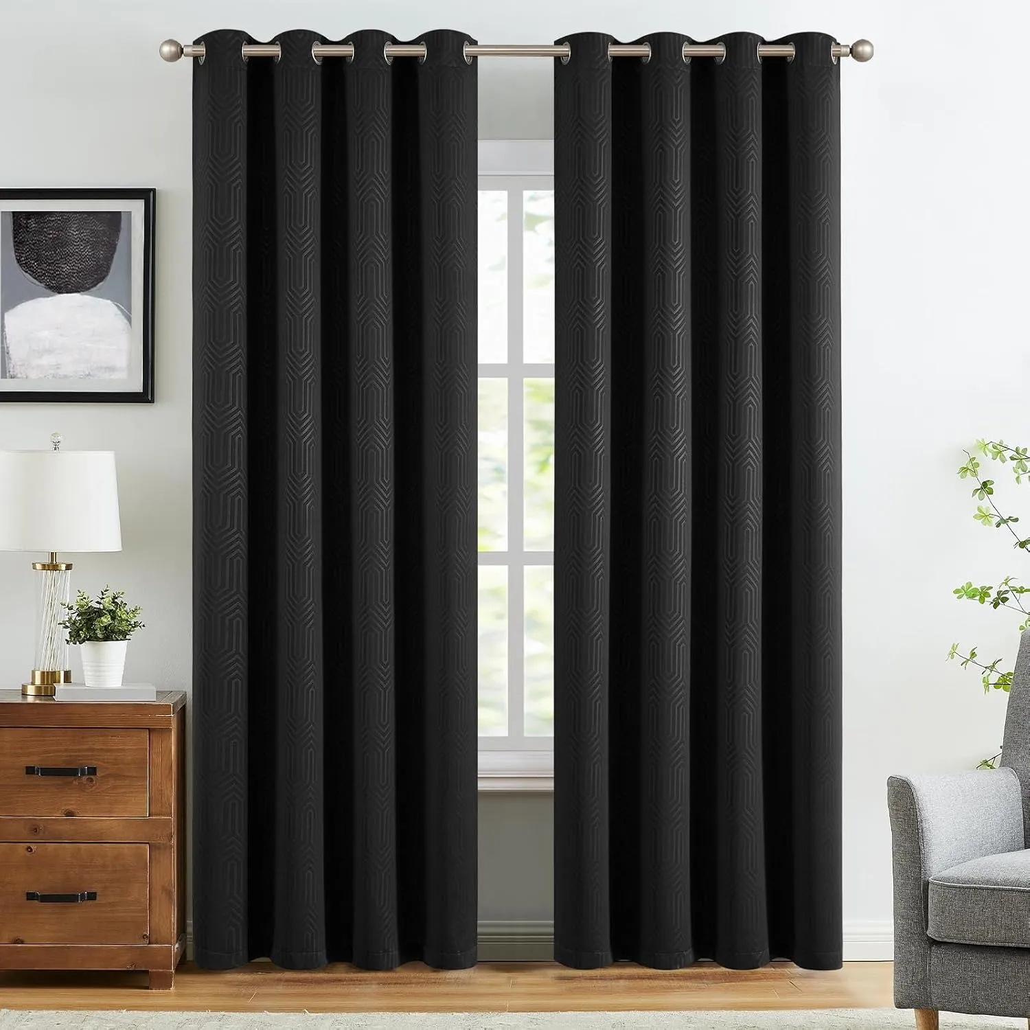 JINCHAN 80% Blackout Curtains for Bedroom, Embossed Textured Curtains 84 Inch Length, Geometric Patterned Drapes for Living Room, Art Deco Window Treatments, Grommet Top 2 Panels Set, Black, W50 X L84
