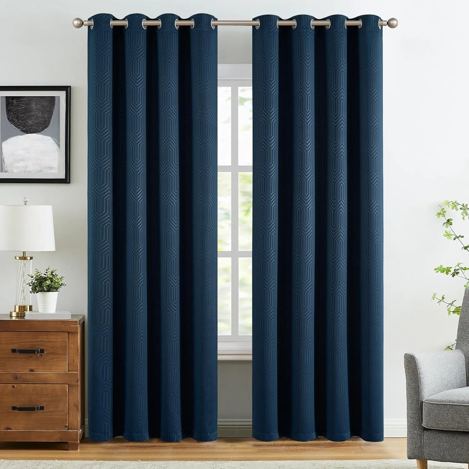 jinchan 80% Blackout Curtains for Bedroom, Embossed Textured Curtains 84 Inch Length, Geometric Patterned Drapes for Living Room, Art Deco Window Treatments, Grommet Top 2 Panels Set, Blue, W50 X L84
