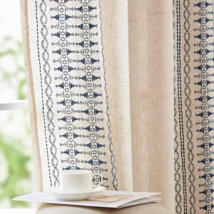 jinchan Boho Curtains for Bedroom Linen Blend Window Curtains Farmhouse Embroidered Bordered Drapes for Living Room 84 Inch Length 2 Panels Bohemian Light Filtering Grommet Drapes Blue on Beige
