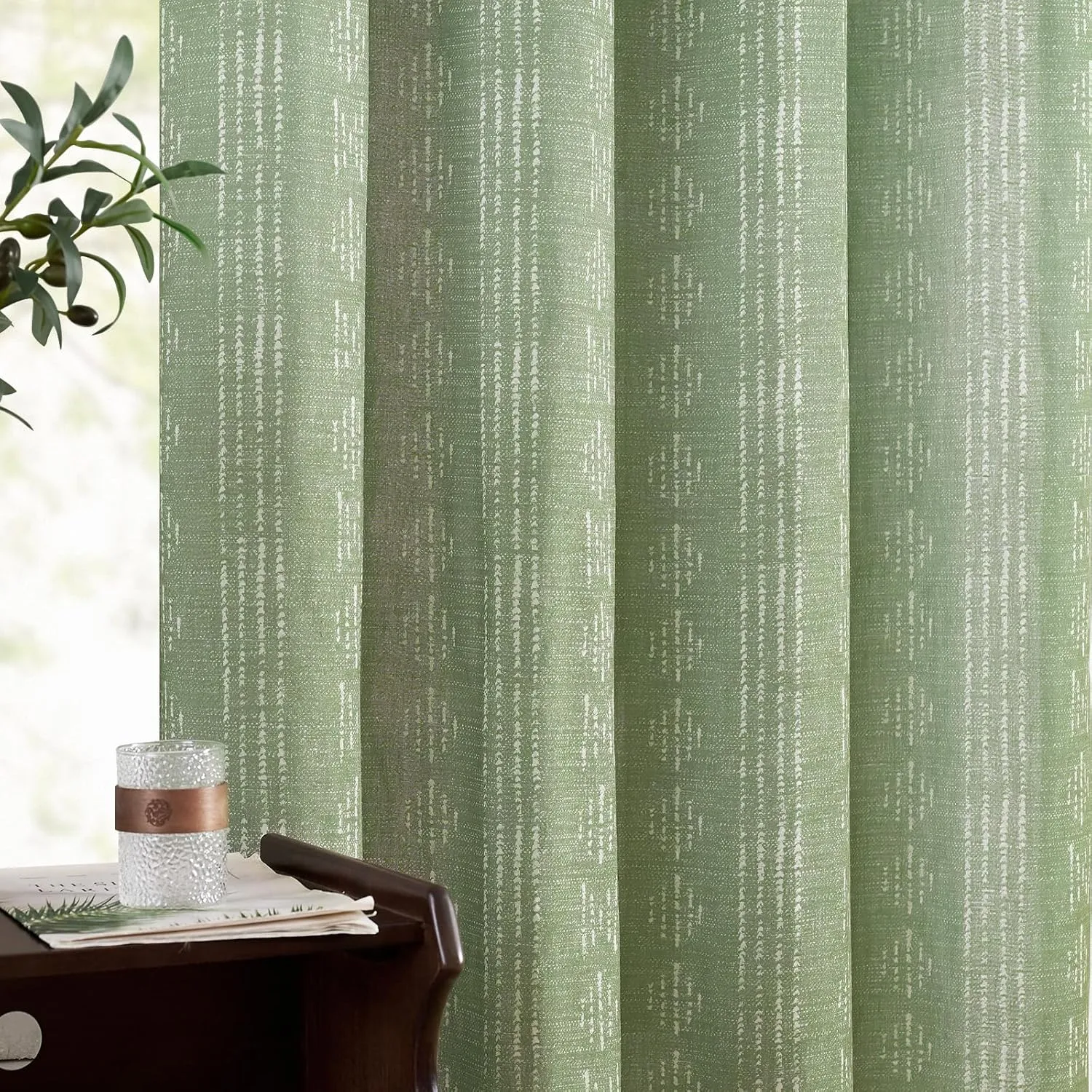jinchan Boho Curtains Linen for Living Room Farmhouse Sage Green 84 Inch Length 2 Panels Bedroom Geometric Striped Light Filtering Window Drapes Grommet Country Curtains, Boho| Sage, W52 x L84