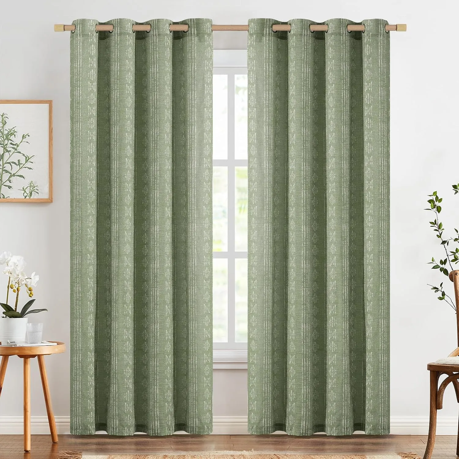 jinchan Boho Curtains Linen for Living Room Farmhouse Sage Green 84 Inch Length 2 Panels Bedroom Geometric Striped Light Filtering Window Drapes Grommet Country Curtains, Boho| Sage, W52 x L84