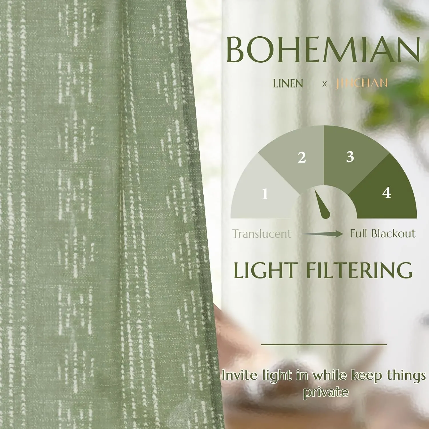 jinchan Boho Curtains Linen for Living Room Farmhouse Sage Green 84 Inch Length 2 Panels Bedroom Geometric Striped Light Filtering Window Drapes Grommet Country Curtains, Boho| Sage, W52 x L84