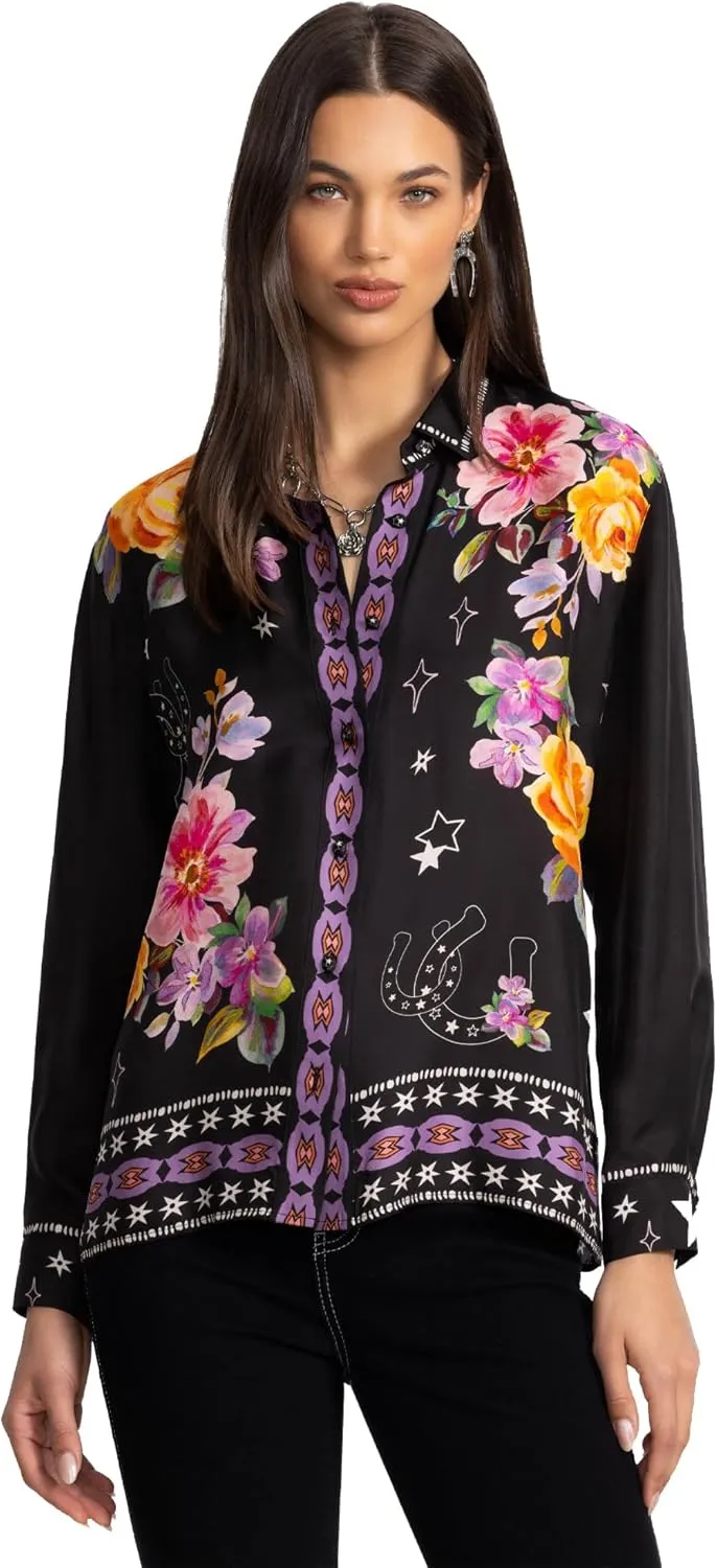 Johnny Was Rosalynda Button Down Shirt Blouse Western Kasumi Floral Top Black New