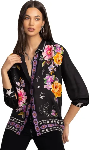 Johnny Was Rosalynda Button Down Shirt Blouse Western Kasumi Floral Top Black New
