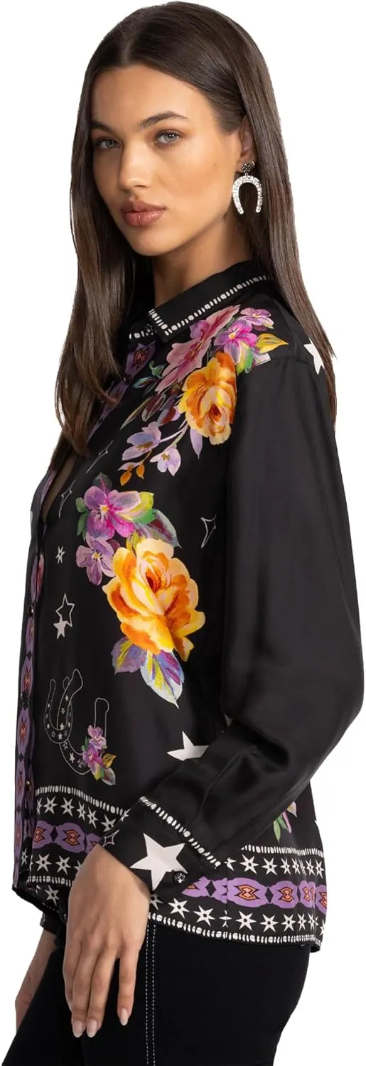Johnny Was Rosalynda Button Down Shirt Blouse Western Kasumi Floral Top Black New