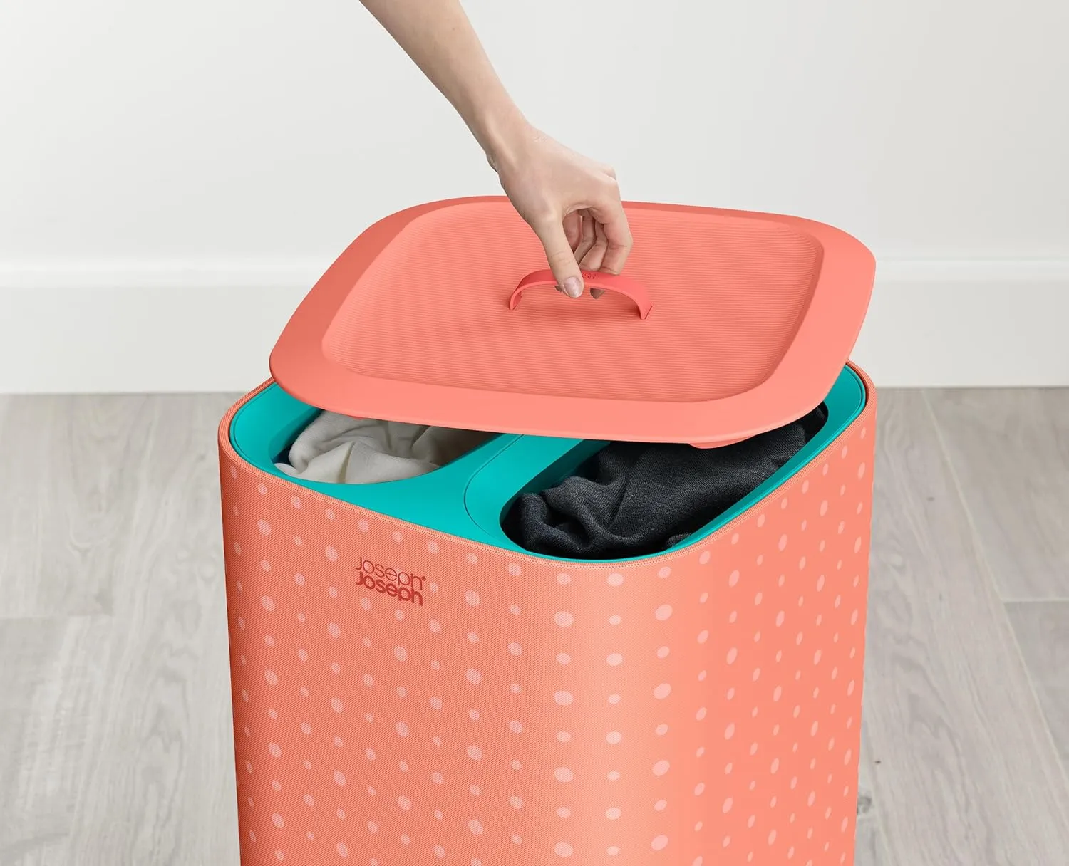 Joseph Joseph Tota Pop - 60-liter Laundry Hamper Separation Basket with lid, 2 Removable Washing Bags with Handles, Coral/Green