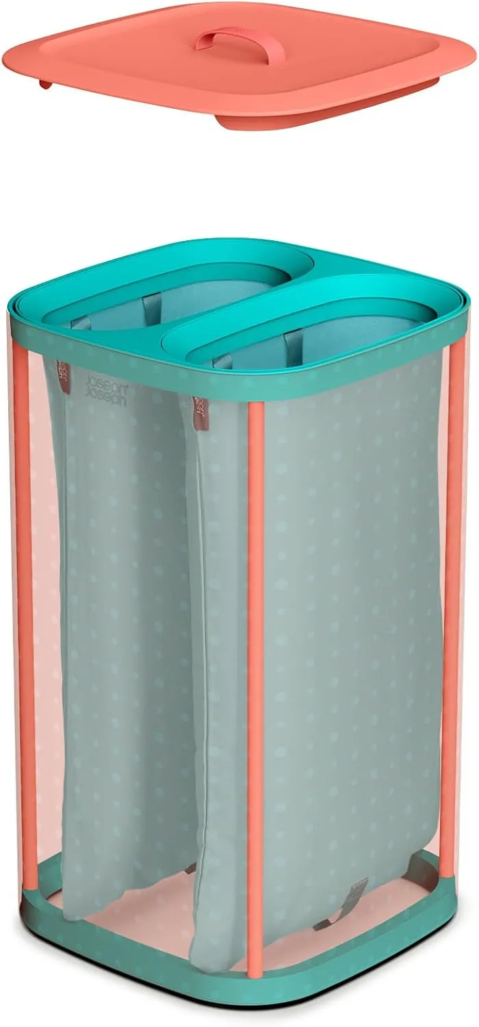 Joseph Joseph Tota Pop - 60-liter Laundry Hamper Separation Basket with lid, 2 Removable Washing Bags with Handles, Coral/Green
