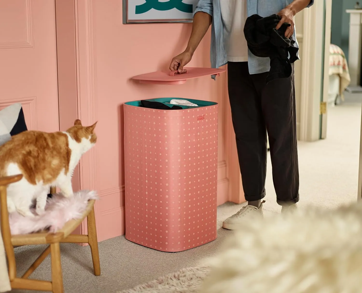 Joseph Joseph Tota Pop - 60-liter Laundry Hamper Separation Basket with lid, 2 Removable Washing Bags with Handles, Coral/Green