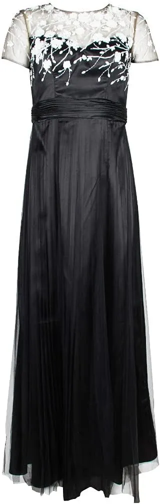 JS Collections Crew Neck Short Sleeve Embellished Mesh Dress-Black Ivory