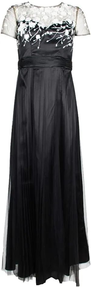 JS Collections Crew Neck Short Sleeve Embellished Mesh Dress-Black Ivory