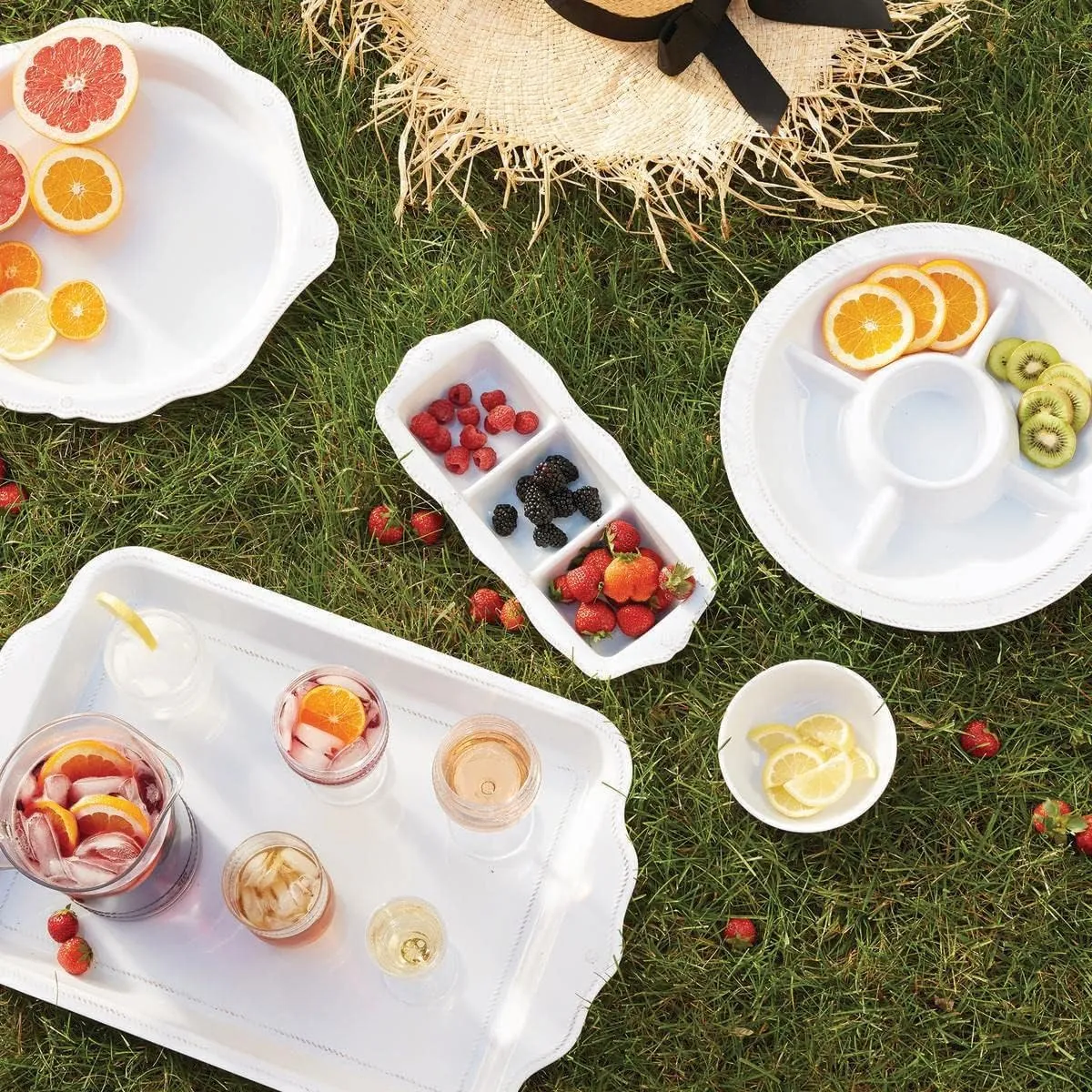 Juliska Berry & Thread Melamine 3-Section Server - Whitewash - Unbreakable, Decorative Embossed Serving Tray with Handles