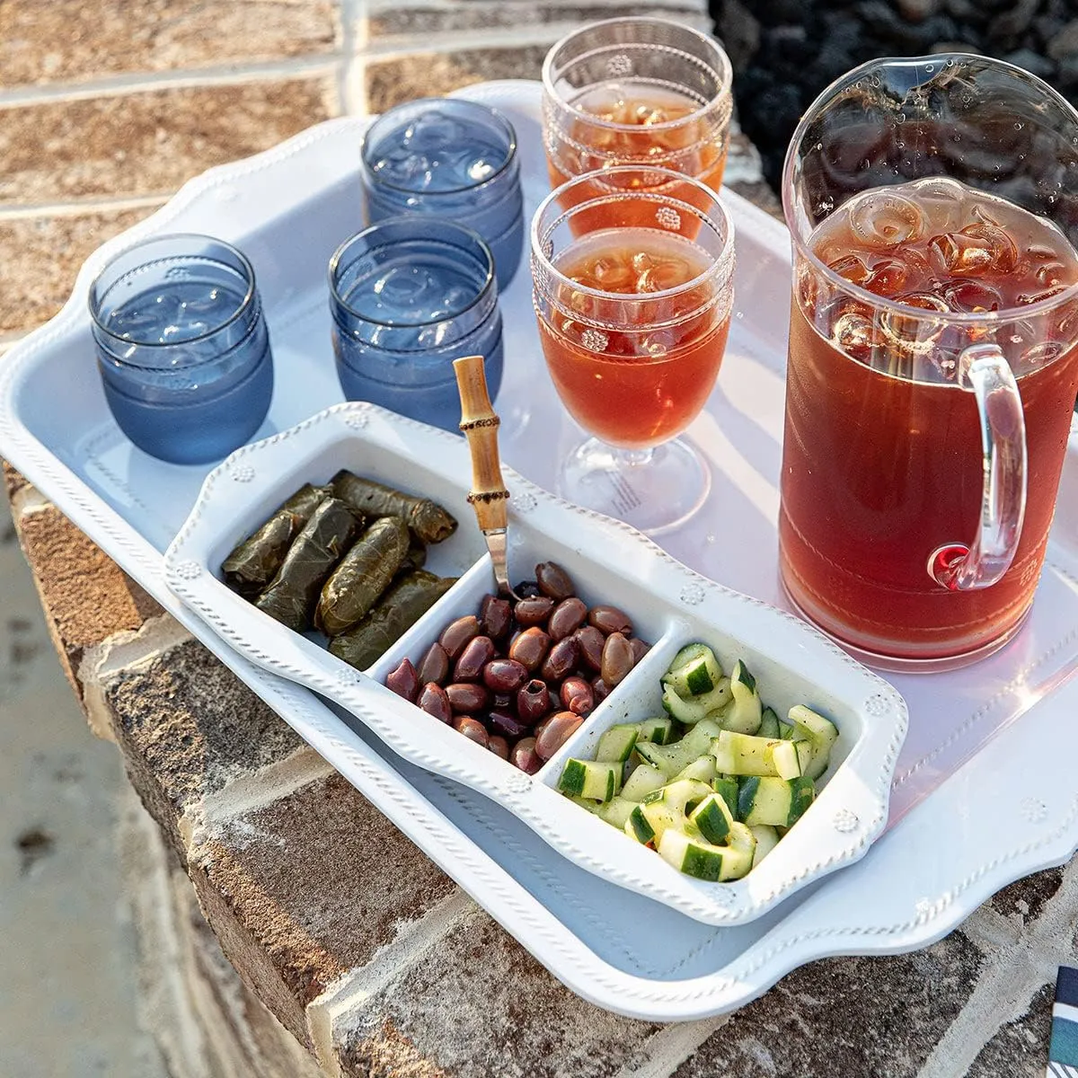 Juliska Berry & Thread Melamine 3-Section Server - Whitewash - Unbreakable, Decorative Embossed Serving Tray with Handles