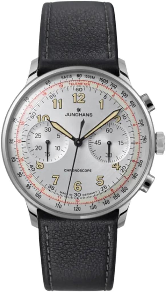 JUNGHANS Men's Meister Telemeter Matte Silver Watch Black Strap Automatic Analog Watch 27/3380.02