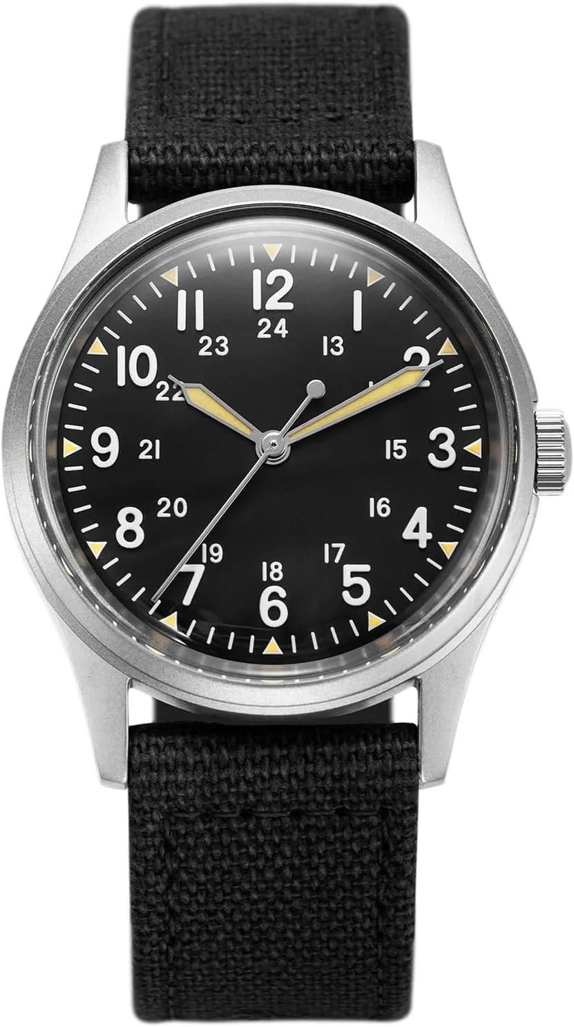 Jungle Field - Wrist Watch 34mm Black Dial Stainless Steel Case Men's Military Service Watch, Men's Wrist Watch, Black Leather/Black Canvas/Light Brown Canvas