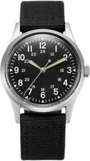 Jungle Field - Wrist Watch 34mm Black Dial Stainless Steel Case Men's Military Service Watch, Men's Wrist Watch, Black Leather/Black Canvas/Light Brown Canvas