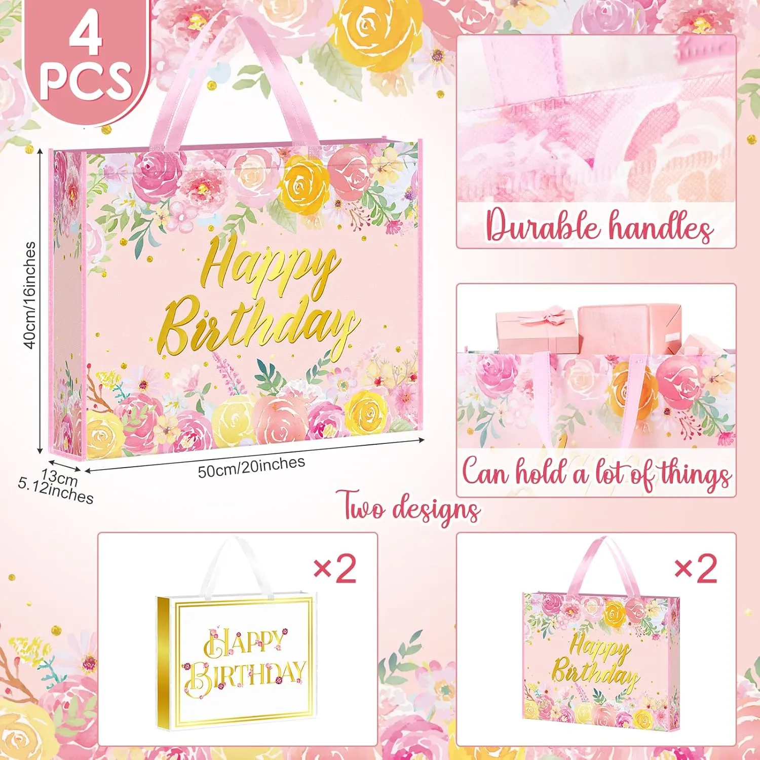 Kajaia 4 Pcs Extra Large Birthday Gift Bags 20 x 16 Inch Jumbo Floral Gift Bag Large Tote Bag with Handles Reusable Non Woven Gift Bags Gift Wrap Bag for Birthday Baby Shower Party Favor Supplies