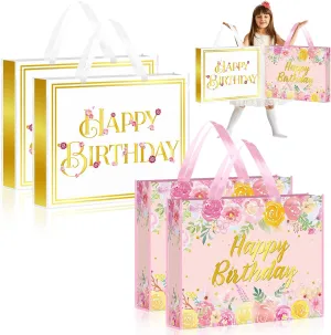 Kajaia 4 Pcs Extra Large Birthday Gift Bags 20 x 16 Inch Jumbo Floral Gift Bag Large Tote Bag with Handles Reusable Non Woven Gift Bags Gift Wrap Bag for Birthday Baby Shower Party Favor Supplies