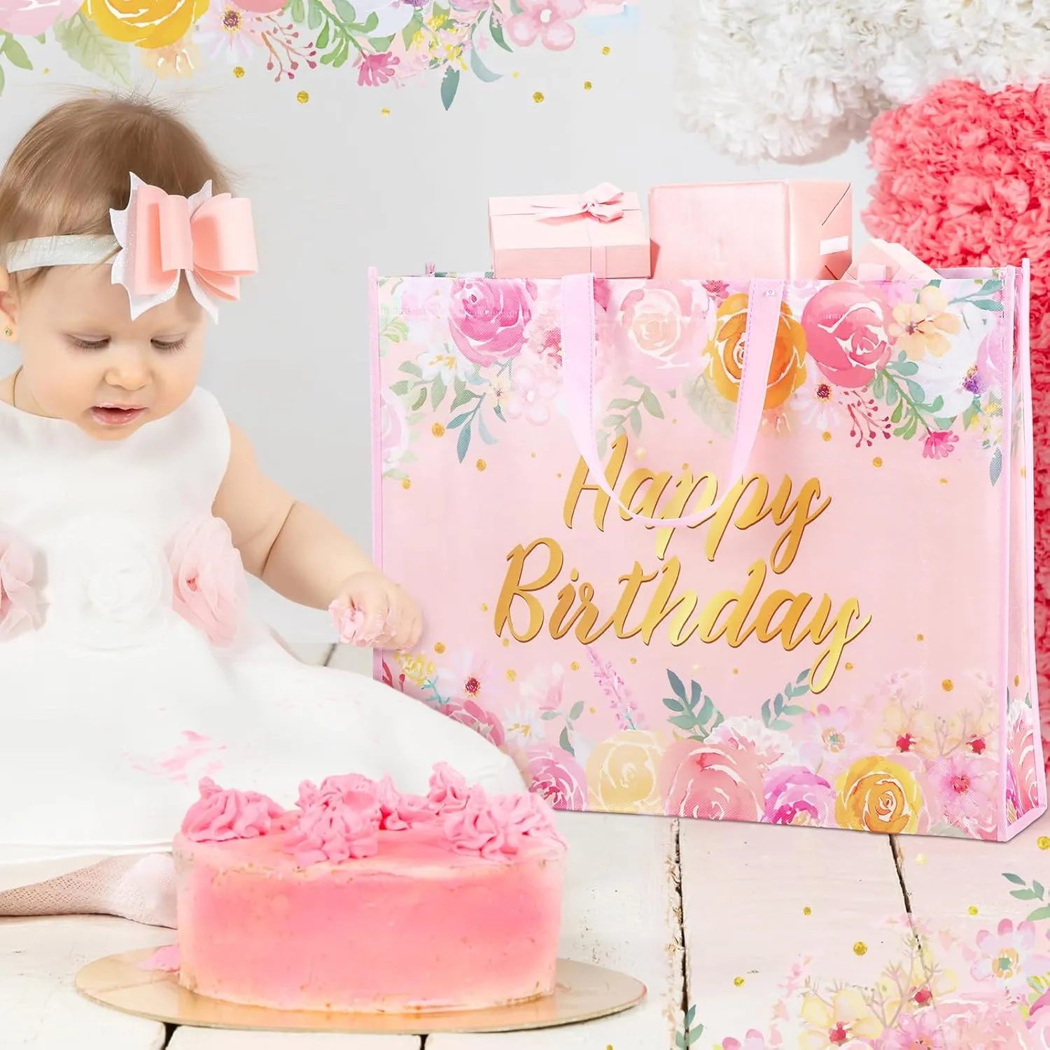 Kajaia 4 Pcs Extra Large Birthday Gift Bags 20 x 16 Inch Jumbo Floral Gift Bag Large Tote Bag with Handles Reusable Non Woven Gift Bags Gift Wrap Bag for Birthday Baby Shower Party Favor Supplies