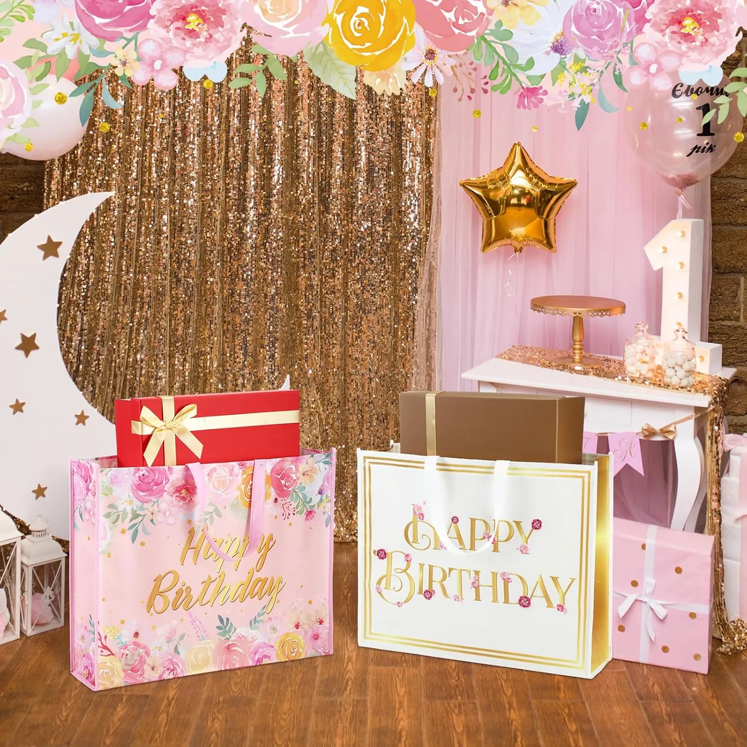 Kajaia 4 Pcs Extra Large Birthday Gift Bags 20 x 16 Inch Jumbo Floral Gift Bag Large Tote Bag with Handles Reusable Non Woven Gift Bags Gift Wrap Bag for Birthday Baby Shower Party Favor Supplies