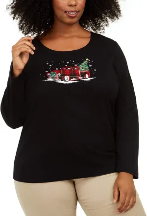 Karen Scott. Plus Size Holiday Truck Cotton Top Deep Black