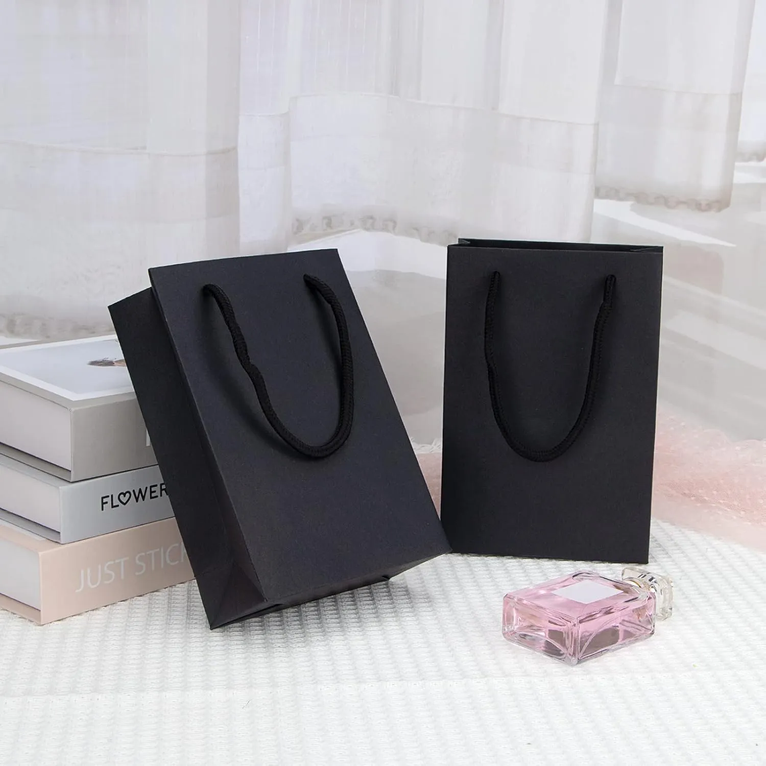 Katkitchen Small Gift Bags, 50 PCS Black Kraft Gift Bags with Cotton Handle, Paper Gift Bags 5.1"x2.4"x7.5"