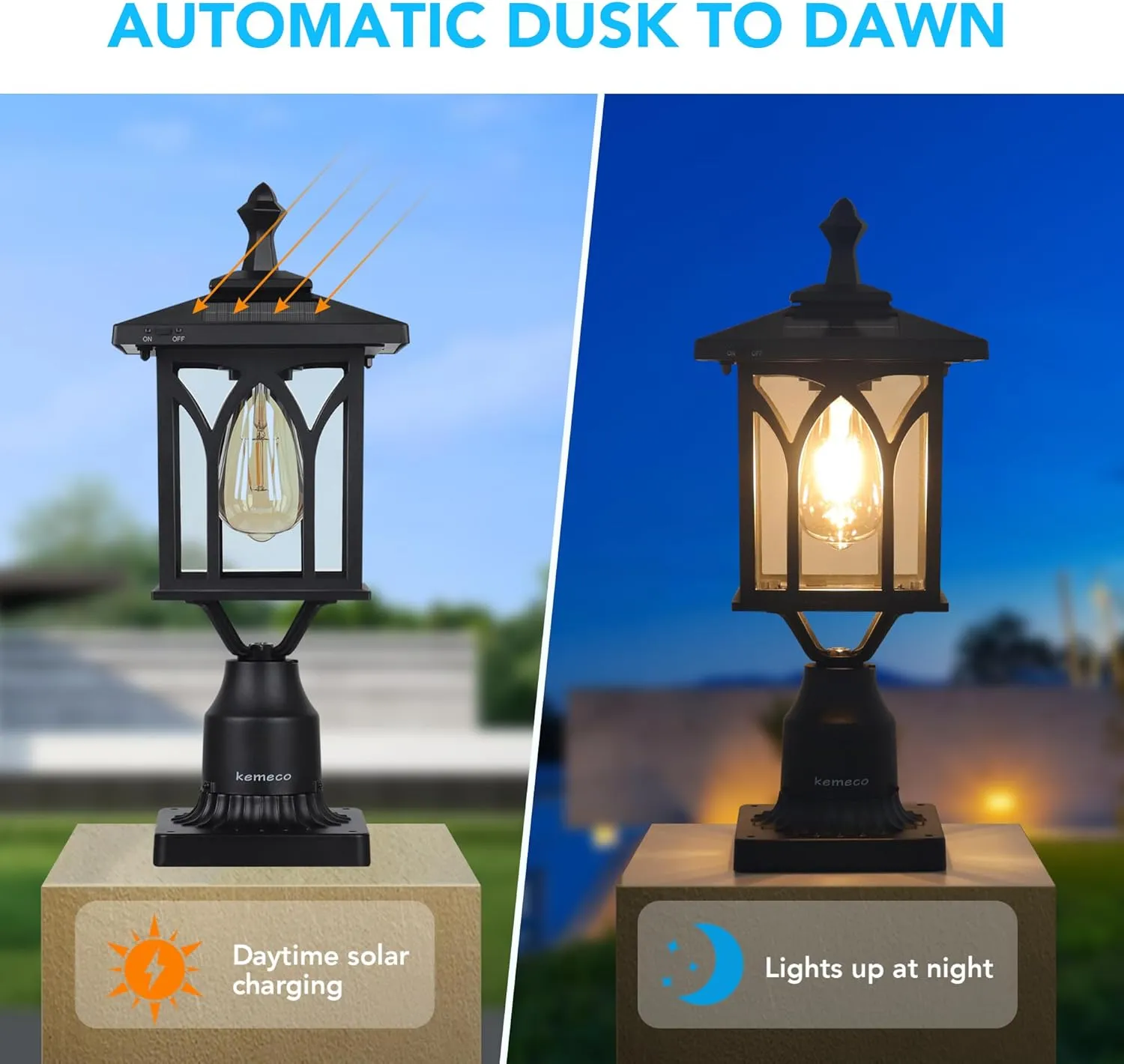 Kemeco ST4328Q Solar Post Light Outdoor Cast Aluminum LED Lamp Fixture with 3-Inch Fitter Base for Yard Garden Post Pole Pillar Mount Landscape Driveway