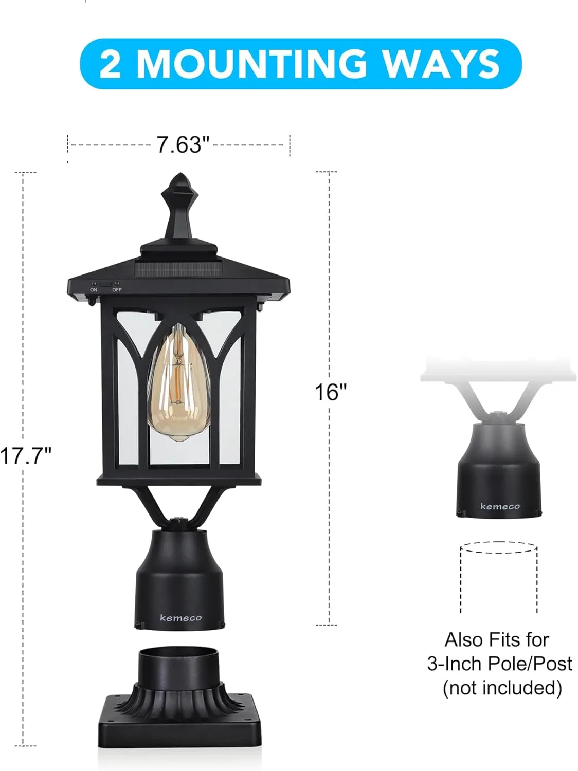 Kemeco ST4328Q Solar Post Light Outdoor Cast Aluminum LED Lamp Fixture with 3-Inch Fitter Base for Yard Garden Post Pole Pillar Mount Landscape Driveway