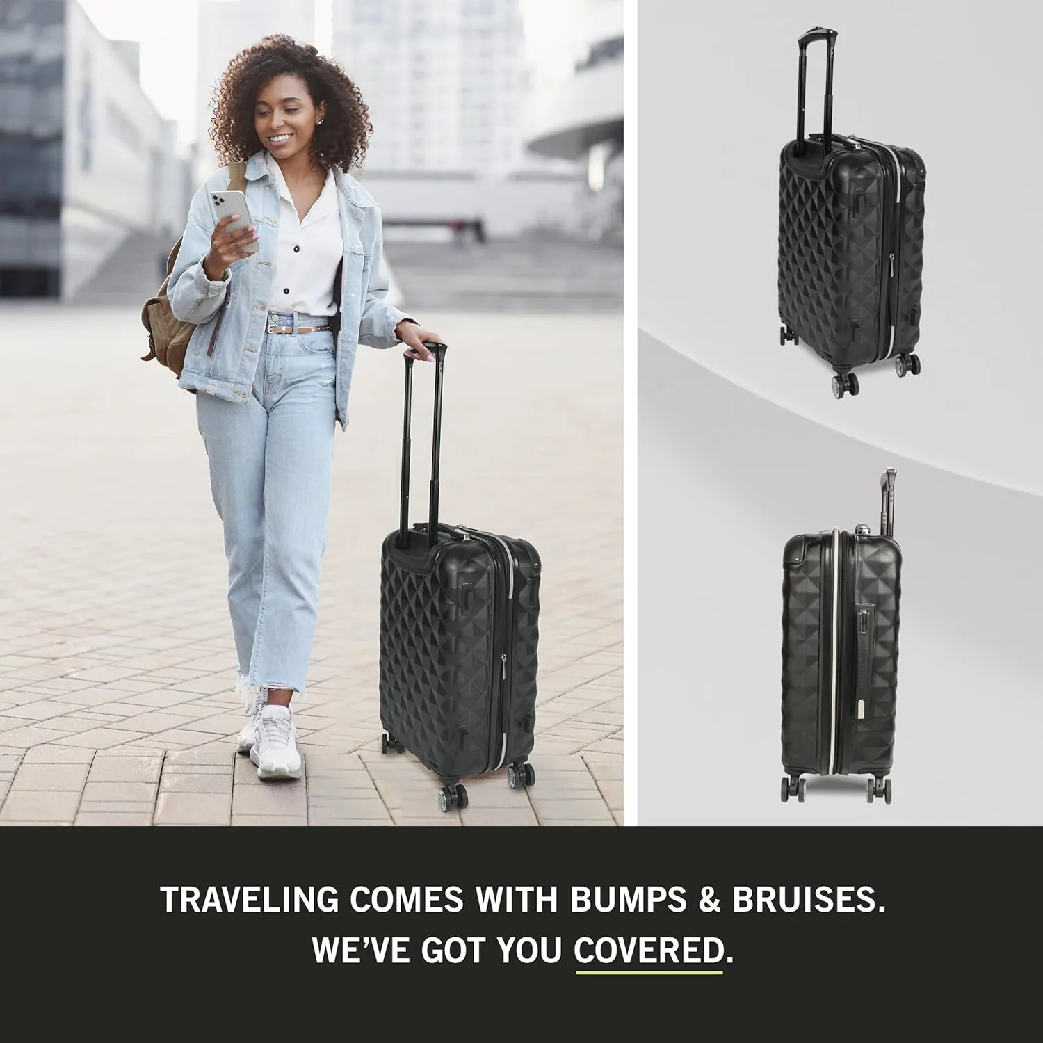Kenneth Cole REACTION Diamond Tower Collection Lightweight Hardside Expandable 8-Wheel Spinner Travel Luggage, Black, 24-Inch Checked