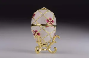 Keren Kopal White Russian Egg with Flowers And Harp Surprise Inside Trinket Box Faberge Egg Decorated with Austrian Crystals Collectors Easter Egg