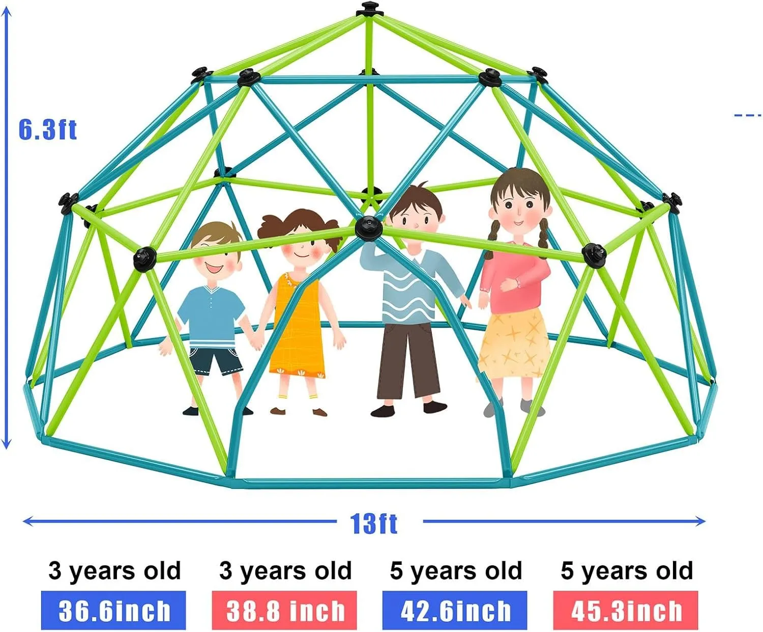 Kids Climbing Dome Tower - Geometric Playground Dome Climber Monkey Bars Play Center, Rust Resistant Steel, 1000 LBS Capacity,Blue Green-13ft