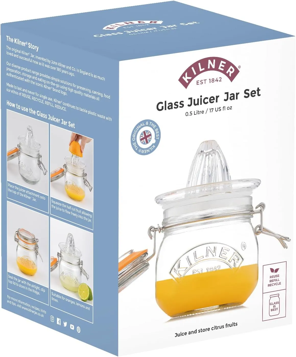 Kilner Glassware 2-Piece Juicer Jar Set, Make, Store and Serve Fresh Citrus Juice, Airtight Clip-top Lid, 17-Fluid Ounces