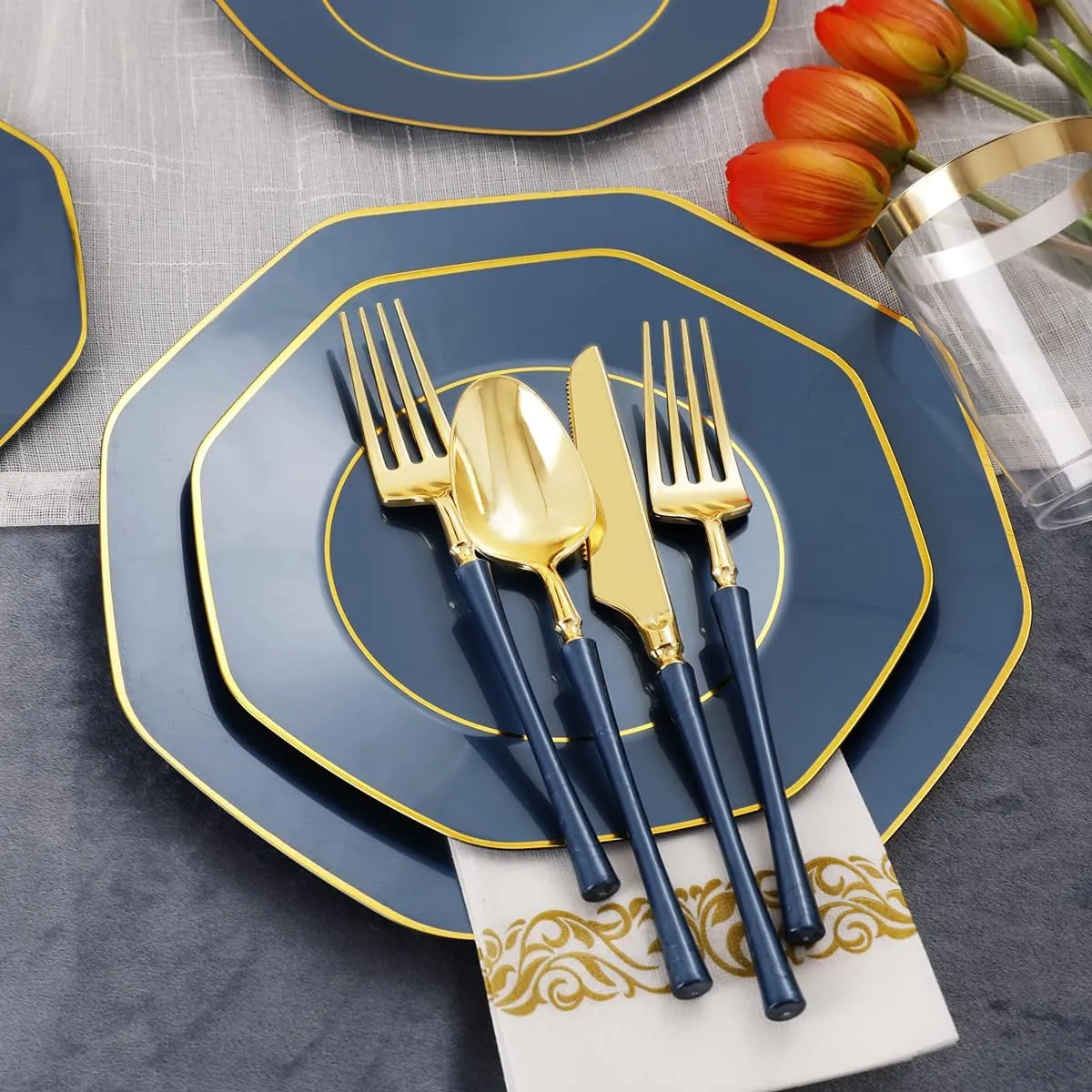 KIRE 140Pcs Blue Plastic Plates with Gold Rim for Graduation - Gold Disposable Plastic Silverware with Blue Handle&Clear Cups&Hand Napkin - Geometric Party Plates for Holiday/Party/Graduation